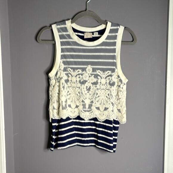 Anthro Postmark Sleeveless Navy Blue Striped Top with Lace Overlay Size Small - Picture 8 of 8
